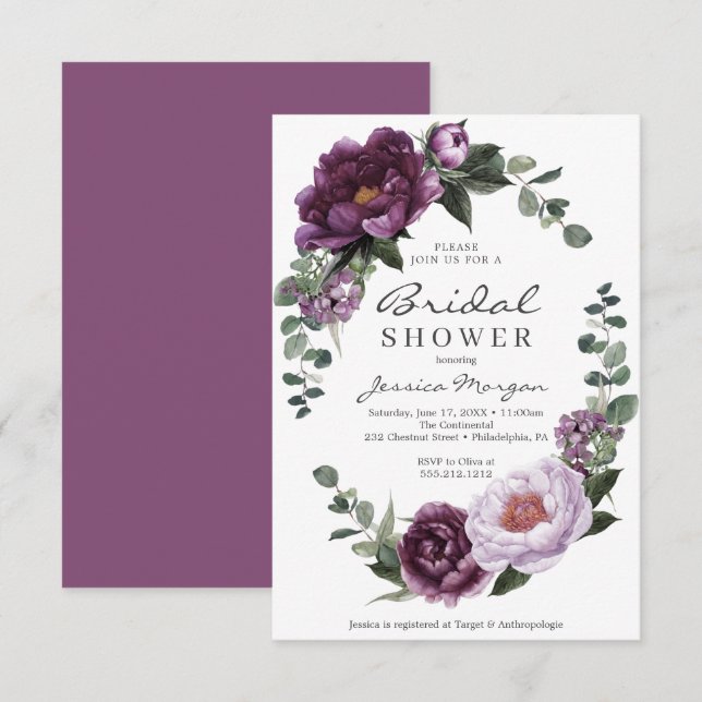 Plum Peonies Carte d'invitation à la douche nuptia (Devant / Derrière)
