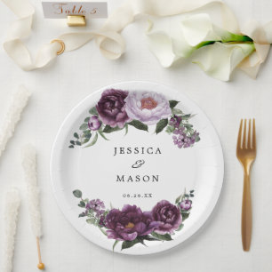 Plum Peonies Floral Bridal Shower Paper Plate