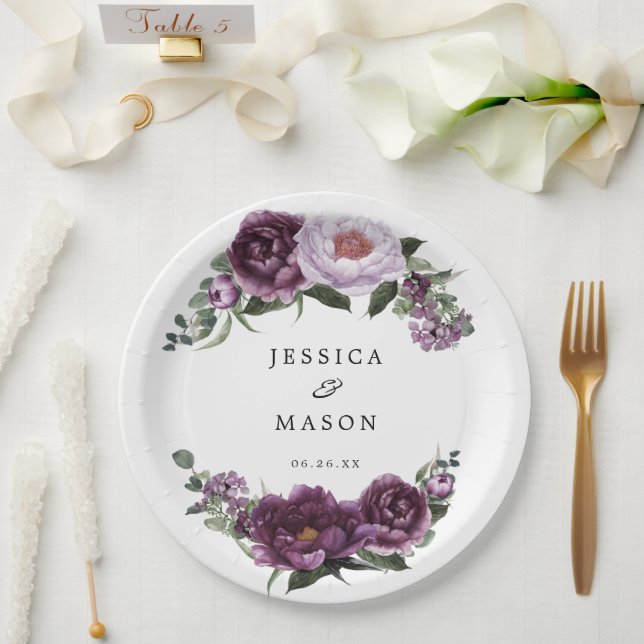 Plum Peonies Floral Bridal Shower Paper Plate (Wedding)