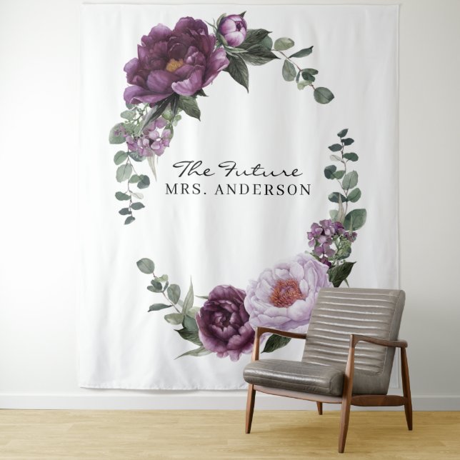 Plum Peonies Romantic Floral Bridal Backdrop Tapestry (In Situ)