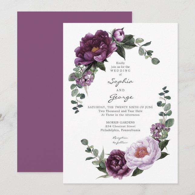 Plum Peonies Wedding Invitation Card (Front/Back)
