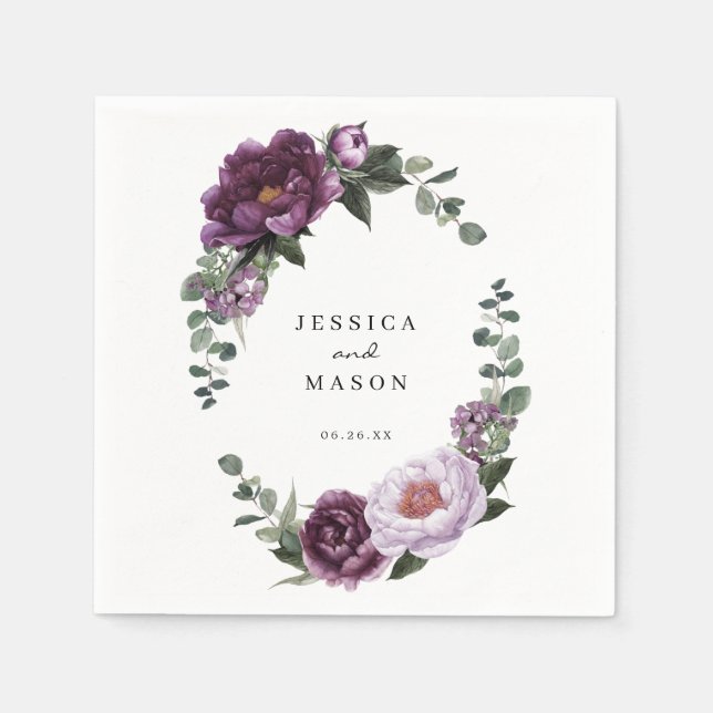 Plum Peonies Wedding Napkin Cocktail Napkin (Front)