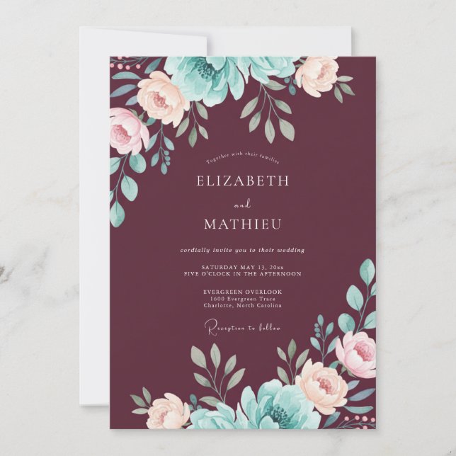 Plum Peony Leaf Wedding Invitation (Front)