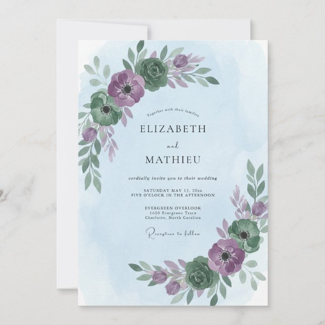 Plum Periwinkle Foliage Eucalyptus Wedding Invitation (Front)