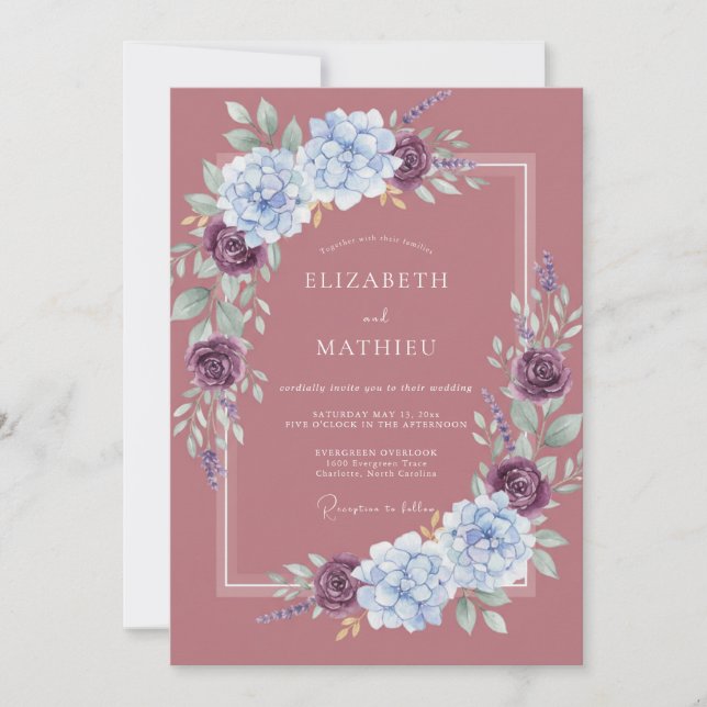 Plum Periwinkle Watercolor Wedding Invitation (Front)