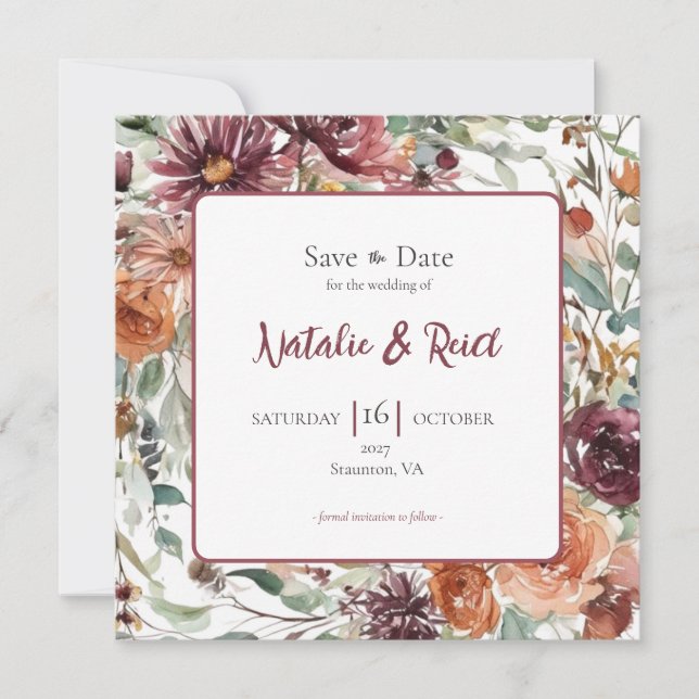 Plum Petals Wedding Save the Date Card (Front)