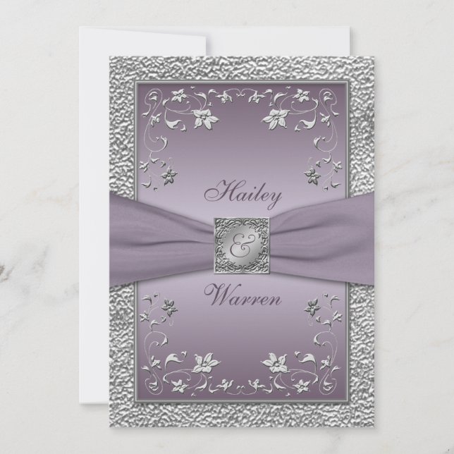 Plum, Pewter Floral Monogrammed Wedding Invitation (Devant)