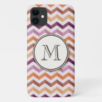 Plum Pink Candy Chevron Stripes and Round Monogram