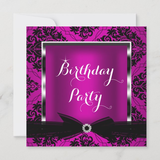 Plum Pink Damask Silver Black Birthday Party 2 Invitation (Front)