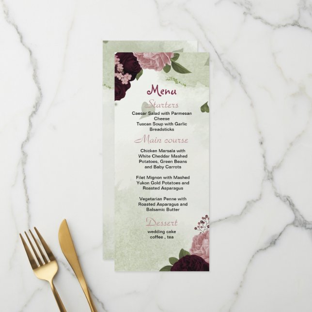 plum pink flowers greenery wedding menu (Front/Back In Situ)