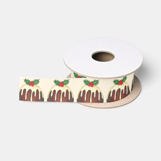 Plum Pudding Holly Leaf Festive British Christmas  Satin Ribbon (Spool)