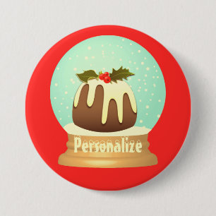 Plum pudding snow globe winter cake red green 3 inch round button
