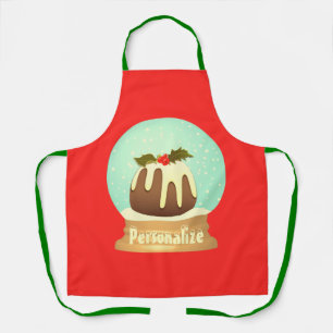 Plum pudding snow globe winter cake red green  apron