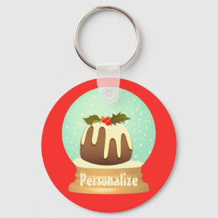 Plum pudding snow globe winter cake red green keychain