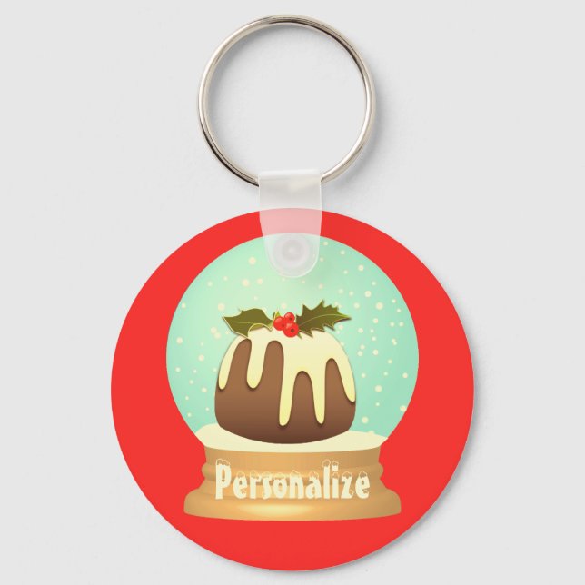 Plum pudding snow globe winter cake red green keychain (Front)