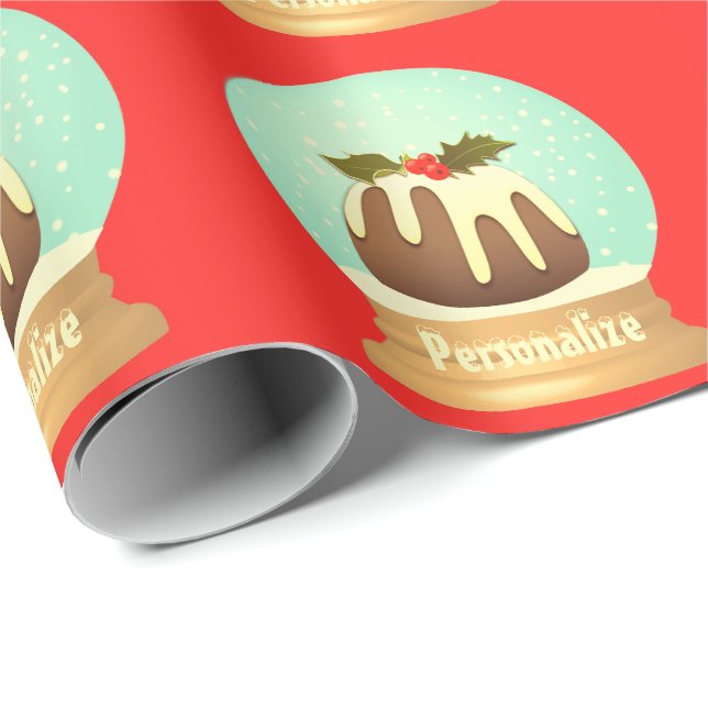Plum pudding snow globe winter cake red green wrapping paper (Roll Corner)