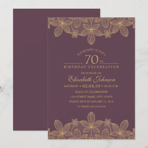 Plum Purple 70th Birthday Party Unique Golden Lace Invitation