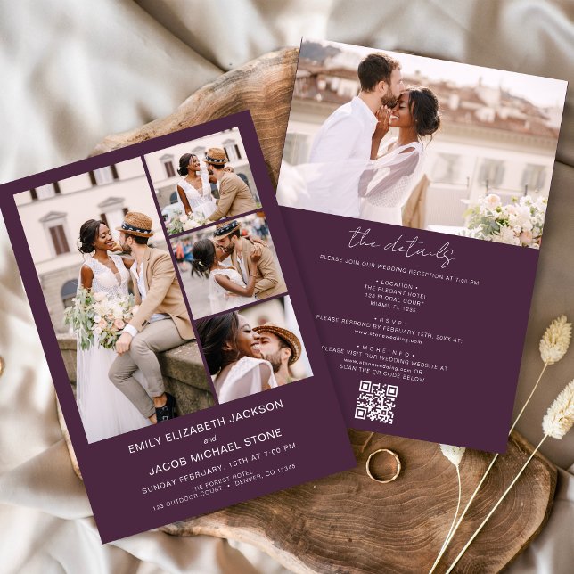 Plum Purple All In One QR Code Photo Wedding Invitation (Creator Uploaded)
