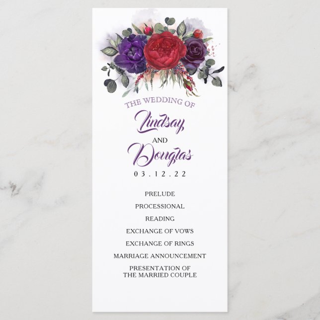 Plum Purple and Burgundy Floral Wedding Programs (Front)