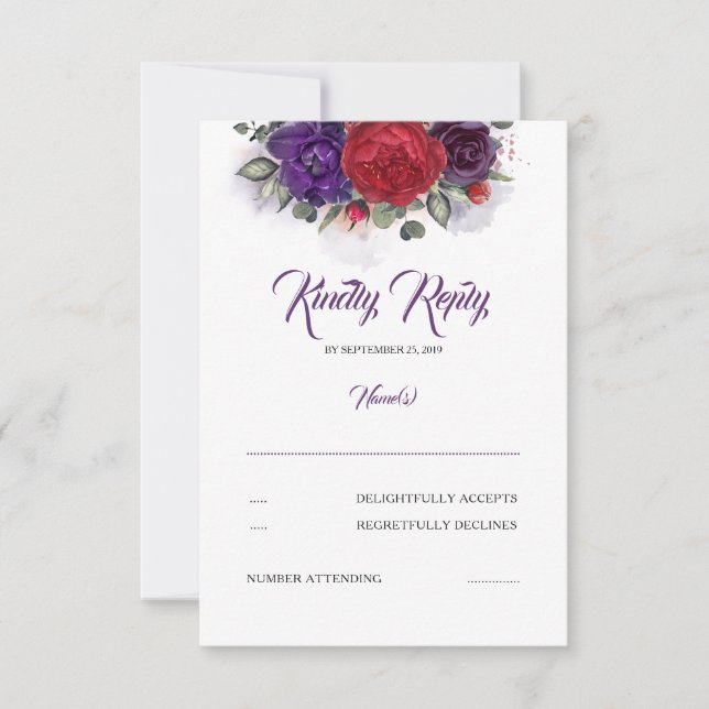 Plum Purple and Burgundy Red Floral Wedding RSVP (Front)