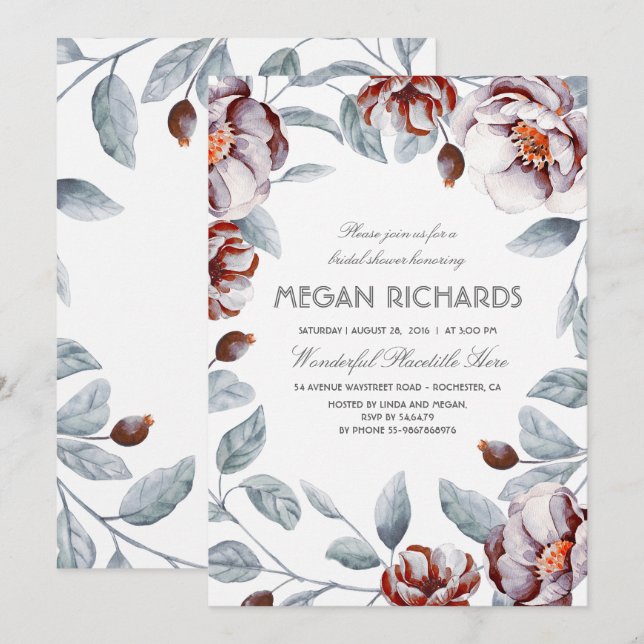 Plum Purple and Eggplant Floral Bridal Shower Invitation (Front/Back)
