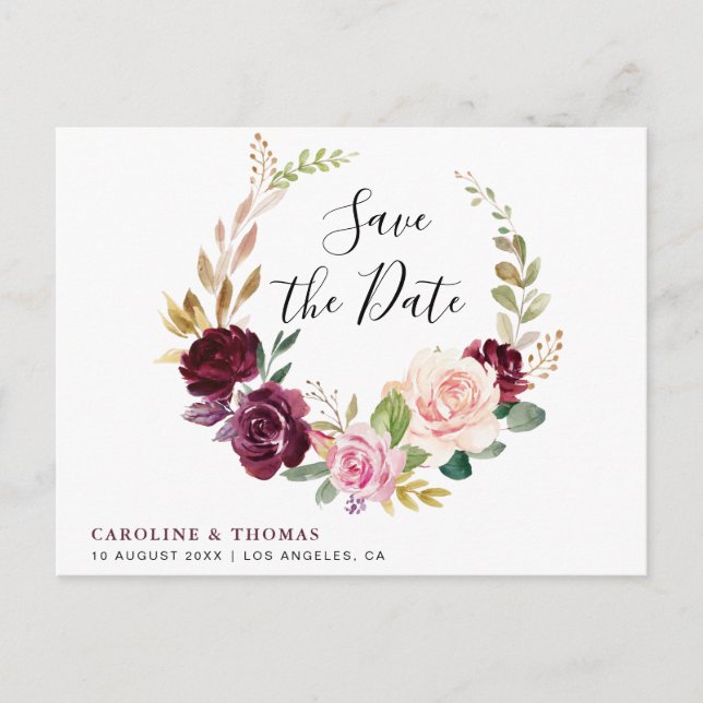 plum purple and peach floral save the date postcard (Front)