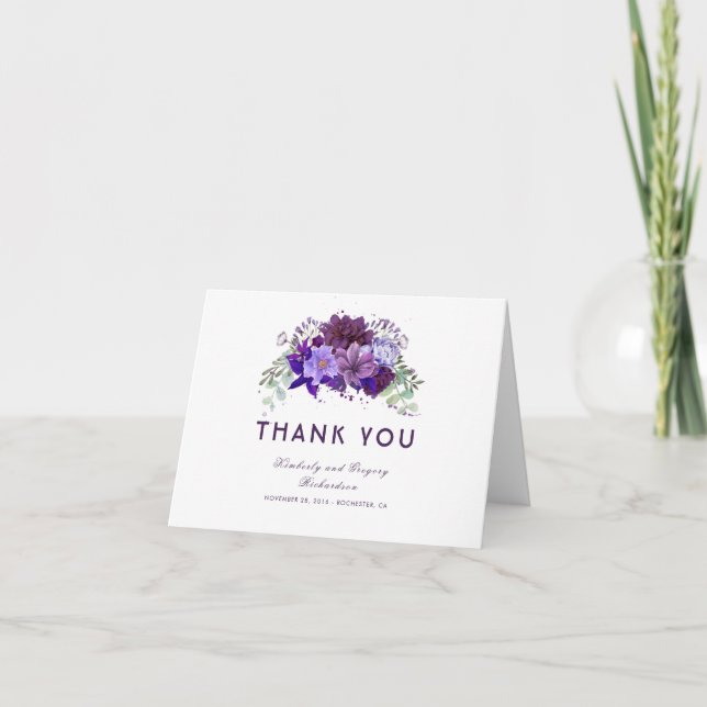 Plum Purple and Violet Floral Wedding Thank You (Front)