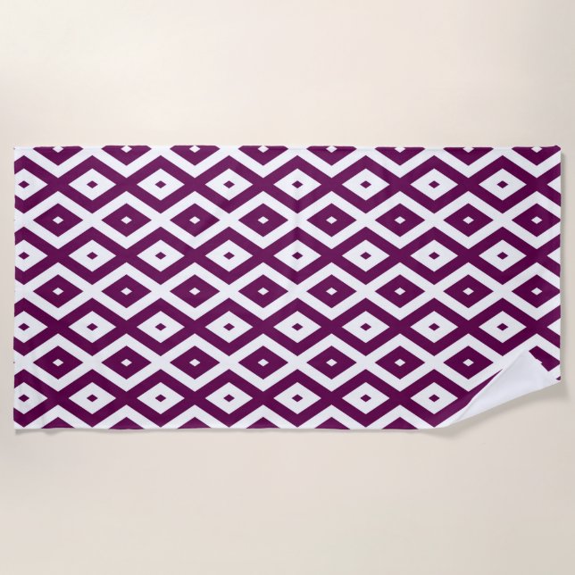 Plum purple and white diamond pattern beach towel (Front)