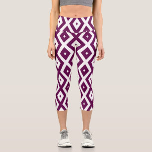 Plum purple and white diamond pattern capri leggings