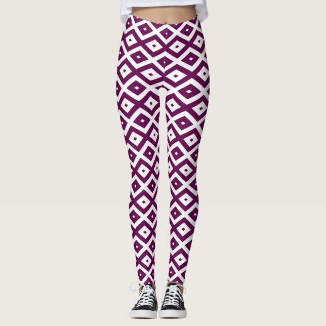 Plum purple and white diamond pattern leggings (Front)