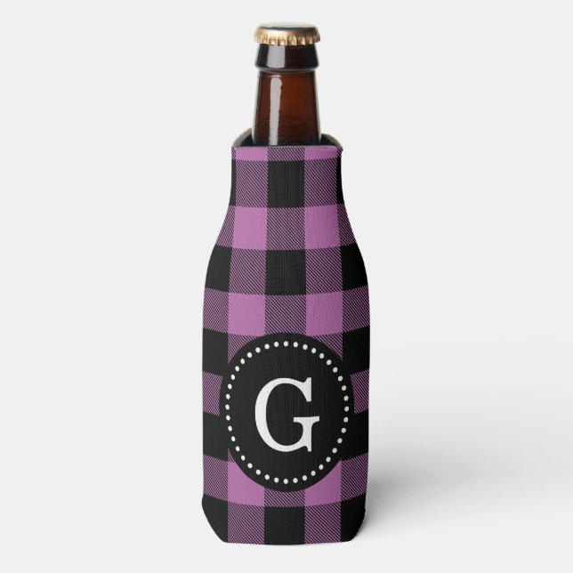 Plum Purple Black Buffalo Check Plaid 1I Monogram Bottle Cooler (Bottle Front)