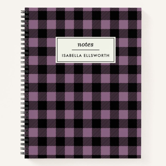 Plum Purple Black Buffalo Check Plaid Personalized Notebook (Front)