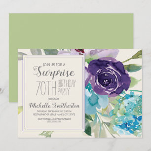 Plum Purple Blue Floral Surprise 70th Birthday Invitation