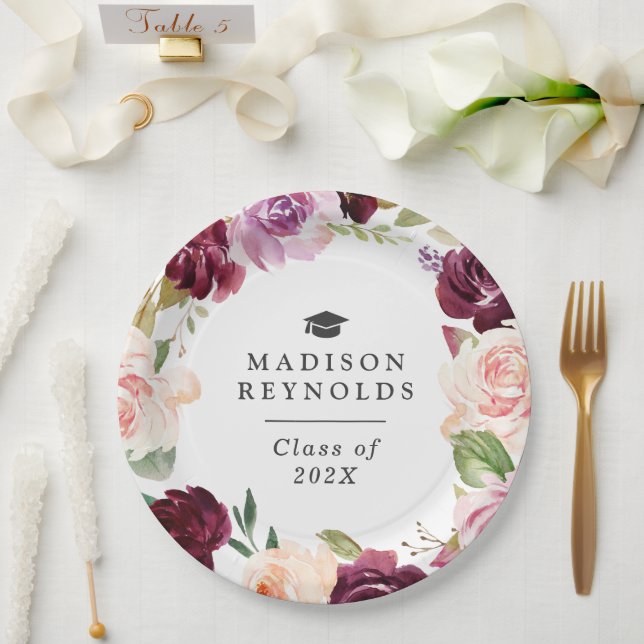 Plum Purple Blush Floral Graduation Dinner Party Paper Plate (Wedding)