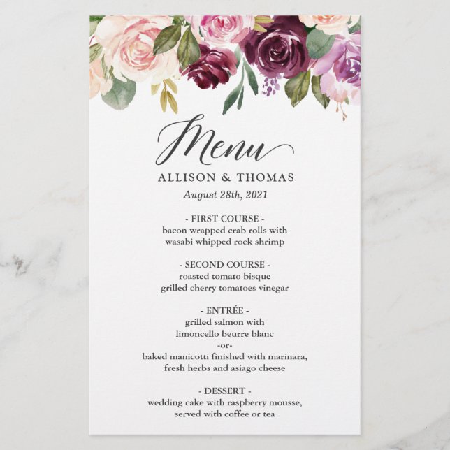 Plum Purple Blush Floral Mariage Menu Dîner (Devant)
