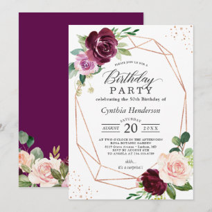 Plum Purple Blush Floral Modern Birthday Party Invitation