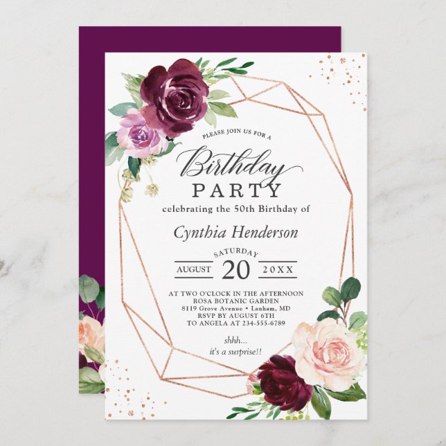 Plum Purple Blush Floral Modern Birthday Party Invitation (Front/Back)