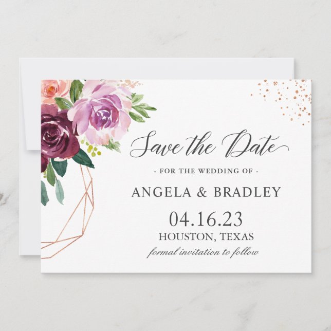Plum Purple Blush Floral Modern Rose Gold Wedding Save The Date (Front)
