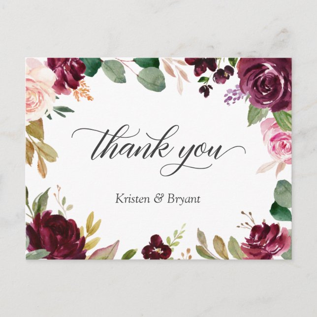 Plum Purple Blush Floral Wedding Thank You Postcard (Front)
