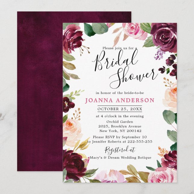 Plum Purple Blush Pink Botanical Bridal Shower Invitation (Front/Back)