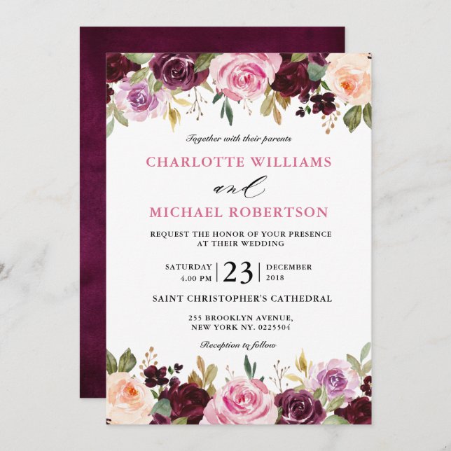Plum Purple Blush Pink Botanical Floral Wedding Invitation (Front/Back)
