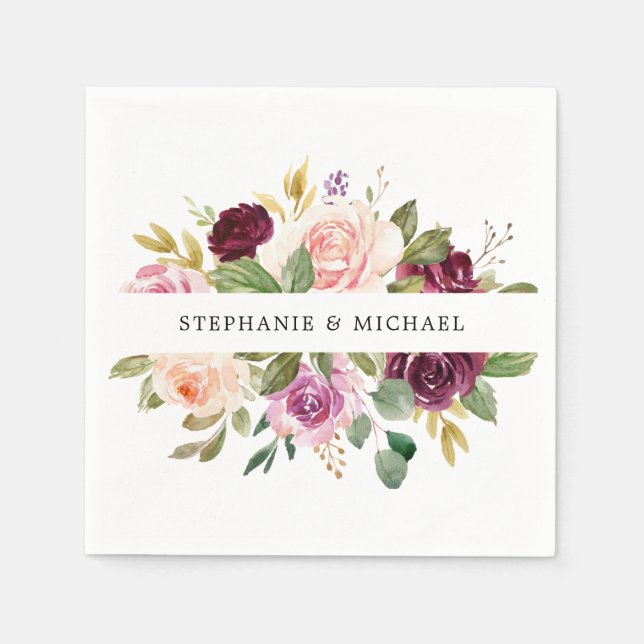 Plum Purple Blush Pink Botanical Floral Wedding Napkin (Front)