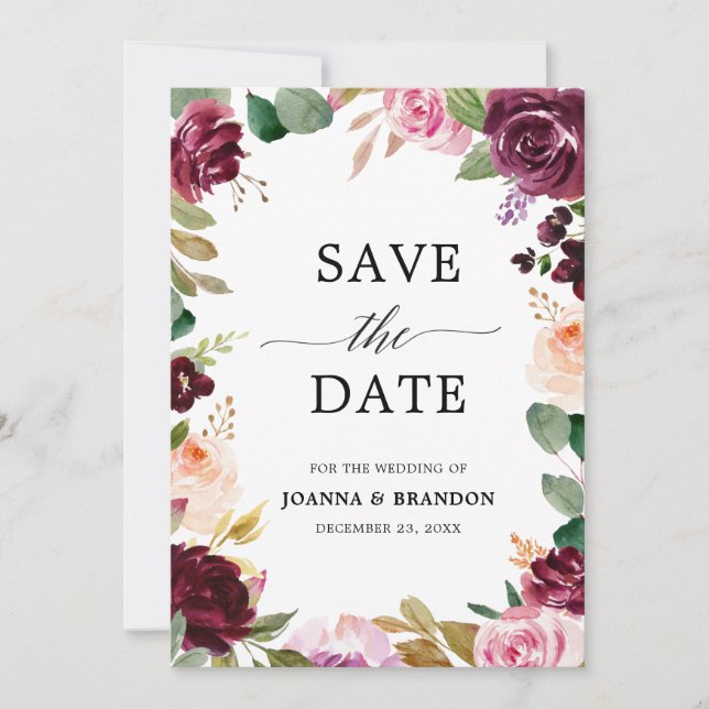 Plum Purple Blush Pink Botanical Floral Wedding Save The Date (Front)