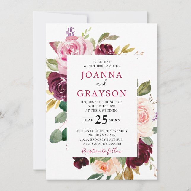 Plum Purple Blush Pink Geometric Floral Wedding Invitation (Front)