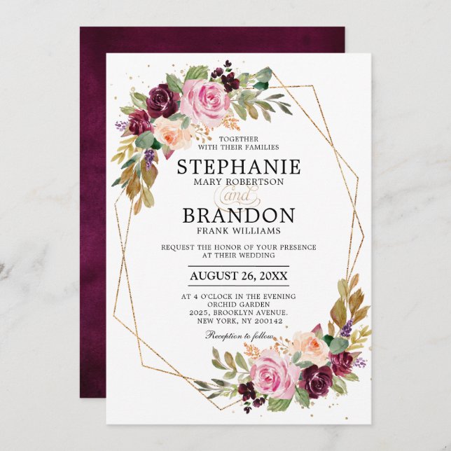 Plum Purple Blush Pink Geometric Floral Wedding Invitation (Front/Back)
