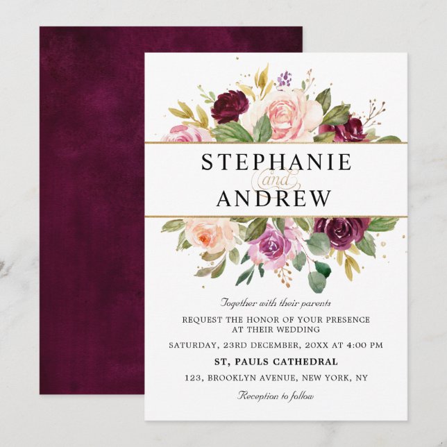 Plum Purple Blush Pink Geometric Floral Wedding Invitation (Front/Back)