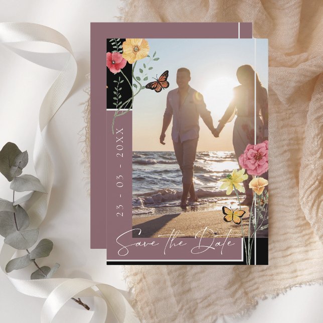 Plum Purple Boho Wildflower Photo Save the Date (Creator Uploaded)