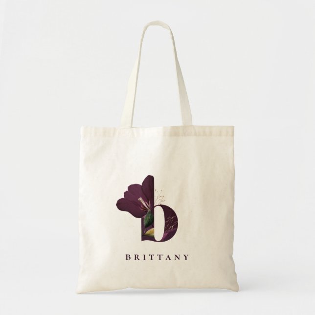 Plum Purple Botanical Floral Letter b Monogram Tote Bag (Front)