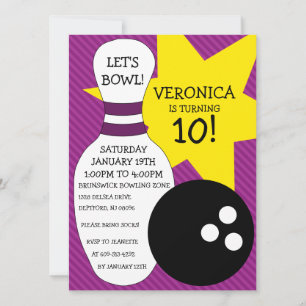 Plum Purple Bowling Bash Bowling Birthday Party Invitation