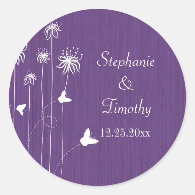 Plum purple butterfly floral wedding stickers (Front)